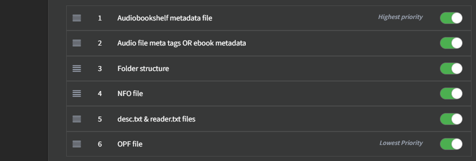 Audiobookshelf Scanner metadata priority list: Audiobookshelf metadata file (highest priority), Audio file meta tags OR ebook metadata, Folder structure, NFO file, desc.txt & reader.txt files, and OPF file (lowest priority)